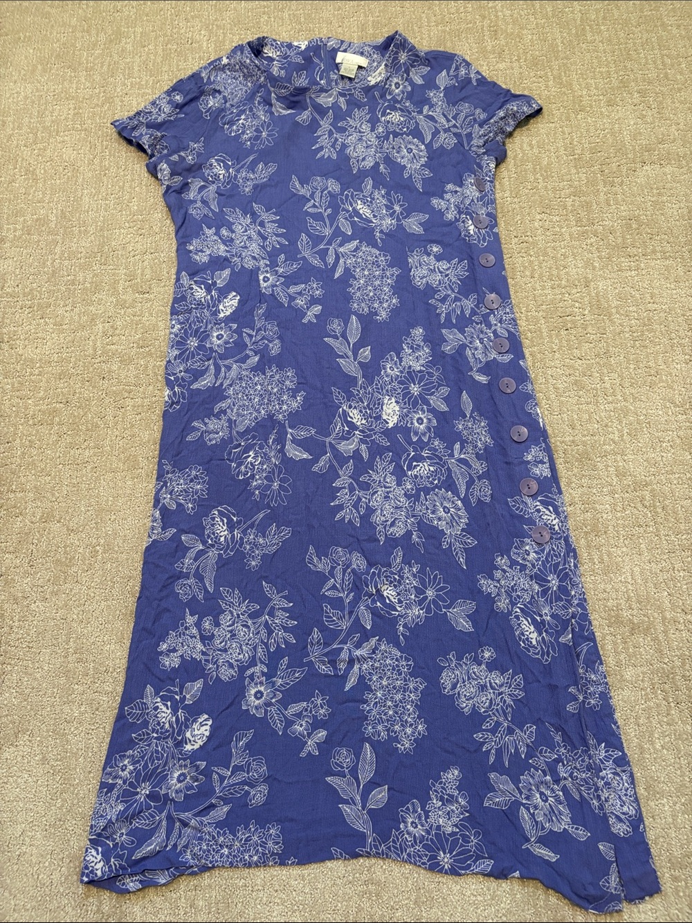 Erika Blue Floral Button-Accent Dress Womens Large Rayon Spring Summer